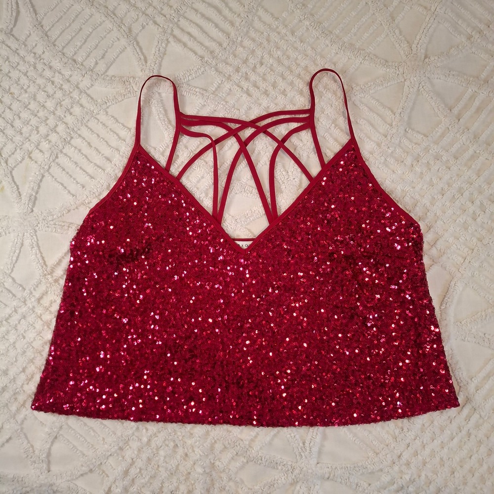 Express Medium Sequin Crop Top Red Strappy Cage‎ V-Neck Cami Olivia Culpo NWT